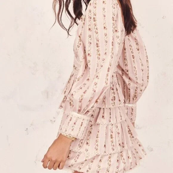 LoveShackFancy Astor Floral Mini Dress Cream Pink Size XS - Picture 2 of 5